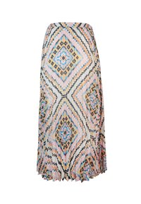 Pleated midi skirt featuring a colorful geometric pattern in pastel tones of pink, blue, and black with a flowy, lightweight fabric.