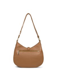 Borsa a spalla in pelle color tan, con una forma curvata, un top piatto e una tasca con zip sul davanti. Presenta una singola tracolla regolabile.