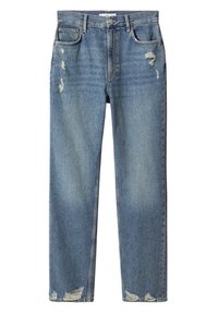 Jean bleu taille haute à coupe droite avec des détails usés sur les cuisses et les ourlets, avec poches avant, passants pour ceinture et fermeture par bouton.