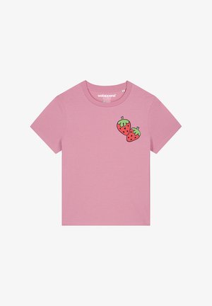 Pink cotton t-shirt with a round neckline, short sleeves, featuring a green and red strawberry graphic on the left chest area.