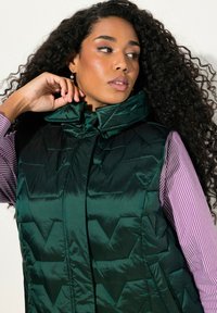 Gilet imbottito verde a quadri con colletto alto, caratterizzato da un motivo a zigzag. Indossato sopra una camicia a maniche lunghe a righe rosa e bianche.