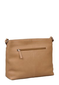 Tan lederen tas met een gestructureerde afwerking, voorzien van een ritsvak aan de voorkant, een platte vorm en een verstelbare schouderband.