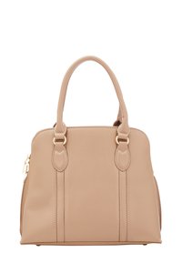 Beige håndtaske lavet af glat syntetisk materiale, med dobbelte håndtag, gyldne detaljer og lodrette syninger på forsiden.