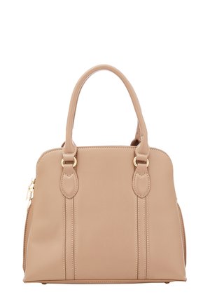 Beige håndtaske lavet af glat syntetisk materiale, med dobbelte håndtag, gyldne detaljer og lodrette syninger på forsiden.