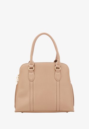 Beige håndtaske lavet af glat syntetisk materiale, med dobbelte håndtag, gyldne detaljer og lodrette syninger på forsiden.