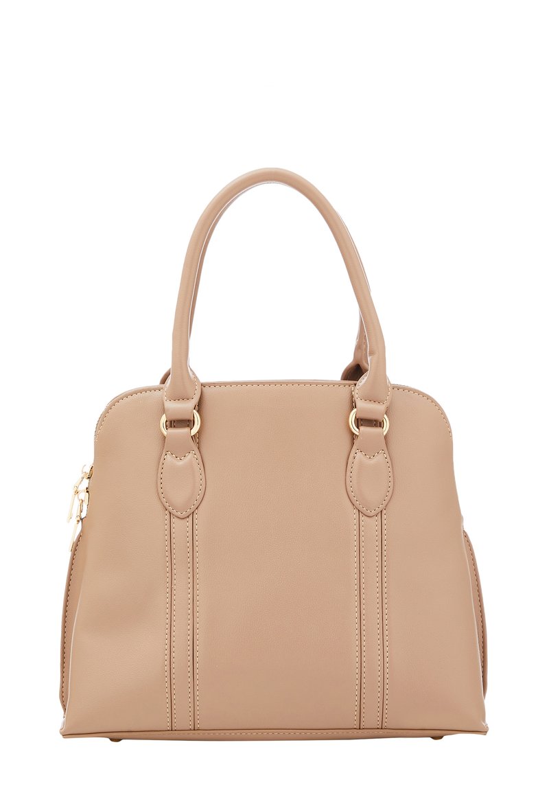 Beige håndtaske lavet af glat syntetisk materiale, med dobbelte håndtag, gyldne detaljer og lodrette syninger på forsiden.
