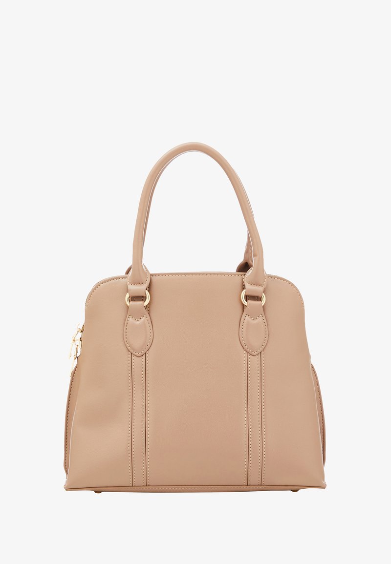Beige håndtaske lavet af glat syntetisk materiale, med dobbelte håndtag, gyldne detaljer og lodrette syninger på forsiden.