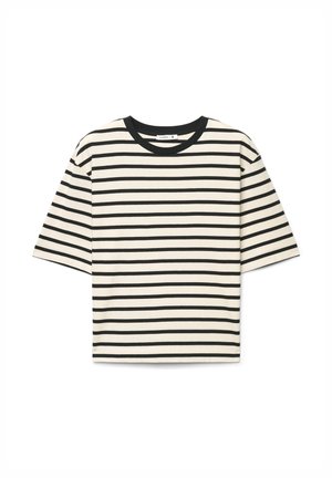 Czarnobiała koszulka w paski z okrągłym dekoltem i krótkimi rękawami, wykonana z miękkiej tkaniny, o luźnym kroju.