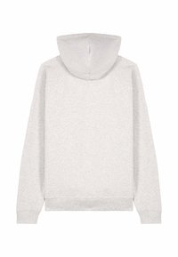 Felpa grigia chiara semplice vista da dietro, con maniche lunghe, polsini arricciati e cappuccio senza lacci.