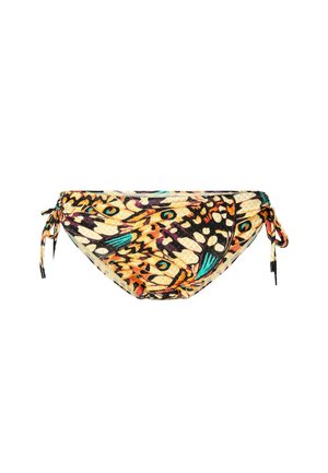 Bikini bottom in multicolor butterfly pattern, featuring a textured fabric, drawstring sides, and vibrant colors like orange, black, and teal.