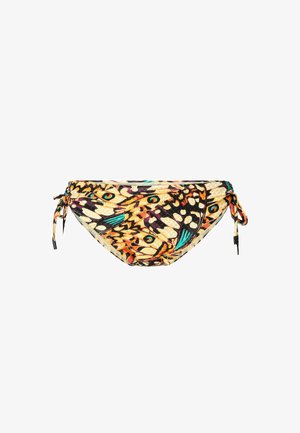 Parte inferiore del bikini con motivo farfalla multicolore, caratterizzata da tessuto lavorato, coulisse laterali e colori vivaci come arancione, nero e turchese.
