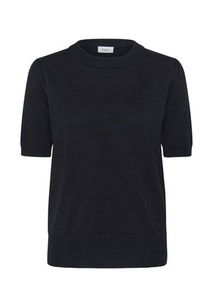 Black short-sleeve sweater with a round neckline and ribbed edges. Made from a smooth knit fabric, featuring slight puff sleeves.