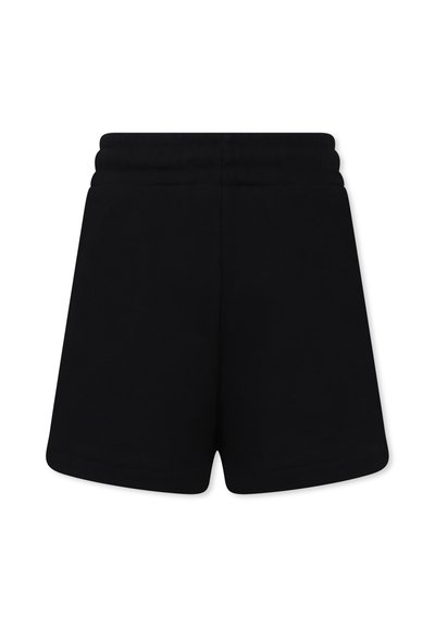 Pantaloni corti neri in morbido cotone, con una cintura ampia e un design semplice, senza decorazioni.