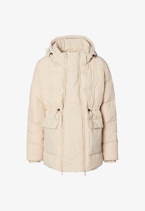 Veste doudoune beige avec capuche, fermeture éclair, taille à cordon, et deux poches avant. Texturée avec des sections matelassées. Matériau léger.