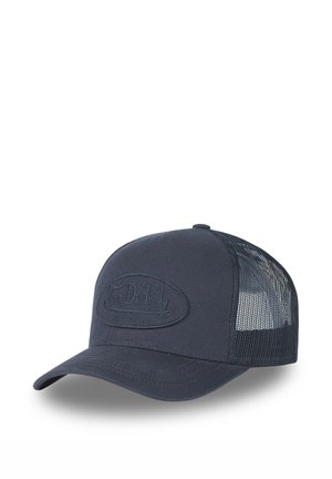Casquette trucker bleu marine avec un panneau avant solide et un dos en filet. Présente un patch logo en relief avec le texte "Von Dutch California".