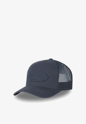Marineblauer Trucker-Cap mit einer soliden Vorderseite und einem Netzrücken. Enthält ein geprägtes Logo-Patch mit dem Text "Von Dutch California".