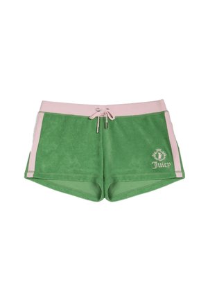 Groene badstofshorts met roze tailleband en zijstrepen, koordsluiting aan de voorkant en wit geborduurd "Juicy" logo op het linkerbeen.