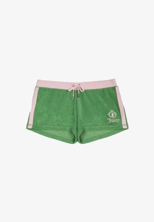 Groene badstofshorts met roze tailleband en zijstrepen, koordsluiting aan de voorkant en wit geborduurd "Juicy" logo op het linkerbeen.