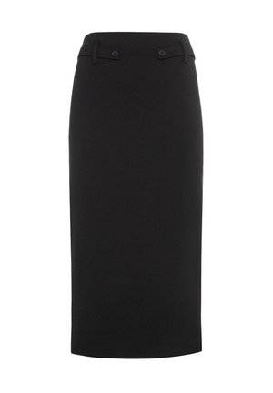 Schwarzer knielanger Bleistiftrock aus Stretchstoff, mit flachem Taillenbund, zwei faux Vorderentaschen und zwei Knopfakzenten.