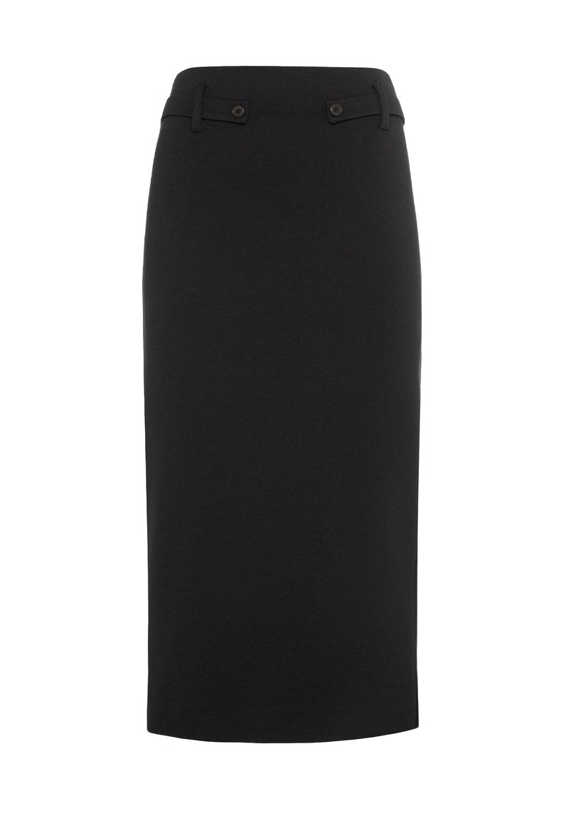 Jupe crayon noire mi-longue en tissu extensible, avec une taille plate, deux fausses poches avant et deux accents de boutons.