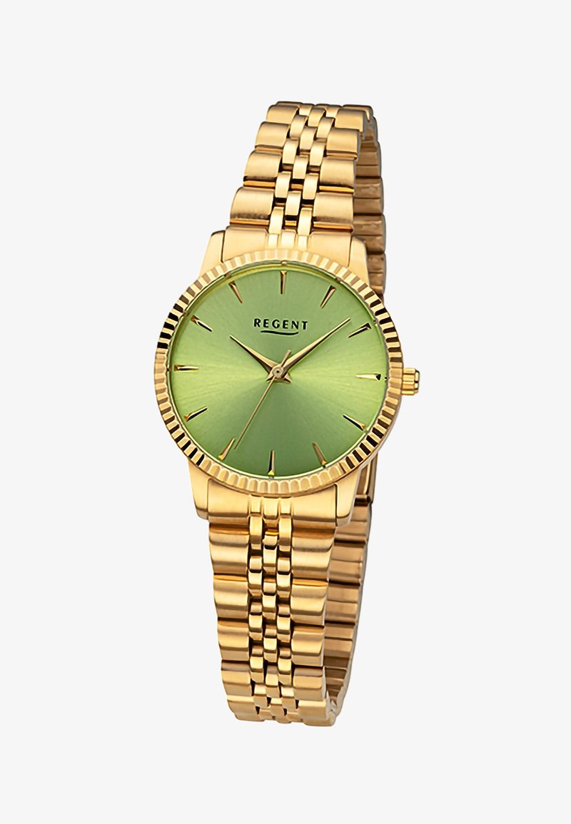Montre-bracelet en métal doré avec un cadran rond vert, des index dorés, trois aiguilles, et un bracelet à maillons. Le nom de la marque « Regent » est inscrit sur le cadran.
