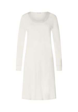 Langärmeliges, knielanges Kleid in Off-White, aus weichem Stoff mit rundem Ausschnitt und anliegenden Bündchen. Glatte Textur, schlichtes Design.