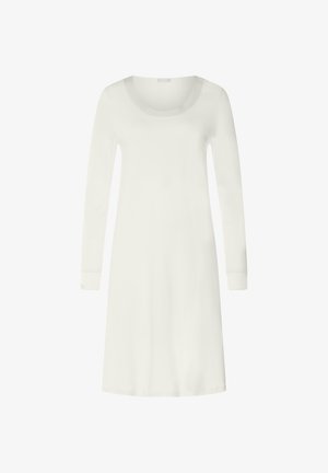 Langärmeliges, knielanges Kleid in Off-White, aus weichem Stoff mit rundem Ausschnitt und anliegenden Bündchen. Glatte Textur, schlichtes Design.