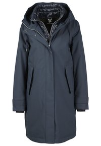 Navyblauer wasserdichter Mantel mit abnehmbarem Kapuzen, Reißverschluss vorne, zwei Seitentaschen und wattierter Innenseite. Verfügt über verstellbare Bündchen.