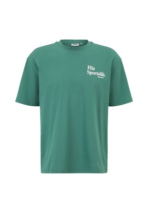 Grünes Baumwoll-T-Shirt mit kurzen Ärmeln, Rundhalsausschnitt und weißem "Fila Sportslife" Schriftzug-Logo auf der Vorderseite. Glatte Textur und klassische Passform.
