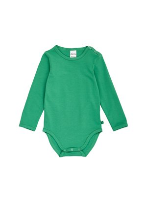 Langärmeliger grüner Baby-Body mit Druckknöpfen an Schulter und Schritt, schlichtes Design, Baumwollstoff.