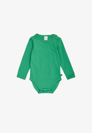 Body bébé vert à manches longues avec fermetures à pression à l'épaule et à l'entrejambe, design uni, tissu en coton.