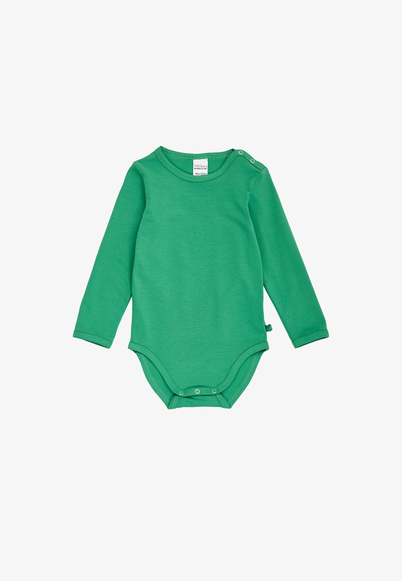 Body bébé vert à manches longues avec fermetures à pression à l'épaule et à l'entrejambe, design uni, tissu en coton.