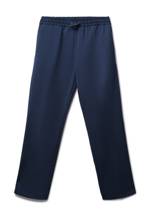 Marineblaue, gerade geschnittene Hose mit elastischem Bund und Kordelzug, ohne sichtbare Taschen, glatte Stoffoberfläche.