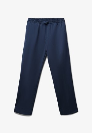Pantaloni dritti blu navy con vita elastica e coulisse, senza tasche visibili, finitura del tessuto liscia.