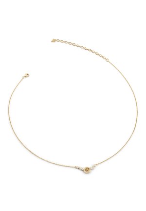 Collier délicat en chaîne d'or avec petit pendentif rond et cristaux clairs, avec un fermoir réglable et une chaîne de rallonge.