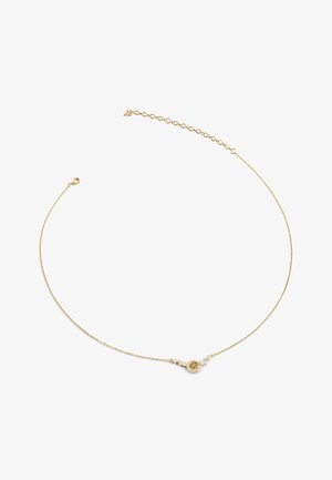 Collier délicat en chaîne d'or avec petit pendentif rond et cristaux clairs, avec un fermoir réglable et une chaîne de rallonge.