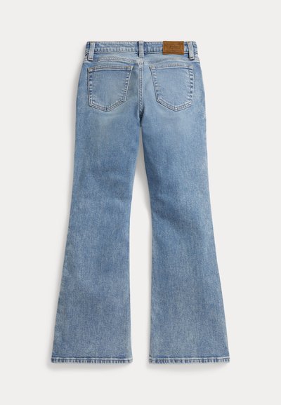 Φαρδιά τζιν παντελόνια σε ανοιχτό μπλε με ξεβαμμένο πλύσιμο, σχεδιασμό με πέντε τσέπες και δερμάτινη ετικέτα μάρκας στη μέση.