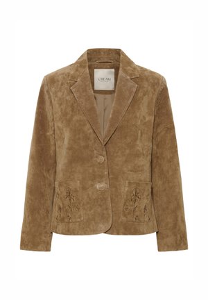 Blazer en daim marron avec un revers cranté, deux boutons et poches avant ornées de broderies florales. Texture lisse et coupe ajustée.