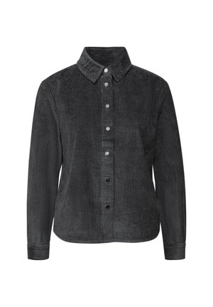 Camicia a maniche lunghe in corduroy grigio scuro con colletto e bottoni a pressione argentati sul davanti, esposta su uno sfondo bianco.