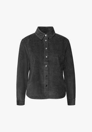 Mørkegrå kordfløjl langærmet skjorte med krave og sølvfarvede trykknapper foran, præsenteret mod en hvid baggrund.