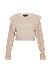 Häkeltop in hellem Beige mit Rüschensleeves aus Chiffon und gerafften Bündchen. Verfügt über strukturierte Muster und einen verkürzten Saum.