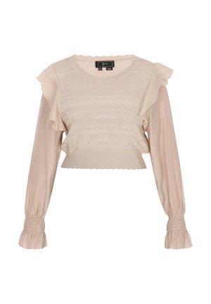 Top din tricot croșetat, de culoare bej deschis, cu mâneci din chiffon volant și manșete plisate. Prezintă modele texturate și un tiv scurt.