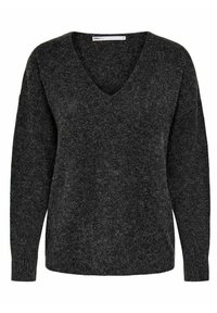 Ciemnoszary, puszysty sweter dzianinowy z dekoltem w szpic i długimi rękawami, luźny krój oraz ściągacze przy mankietach.
