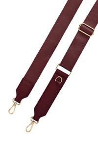 Regulowany bordowy pasek do torby z materiału, z metalowymi klamrami w złotym odcieniu i małym pierścieniem D z jednej strony.