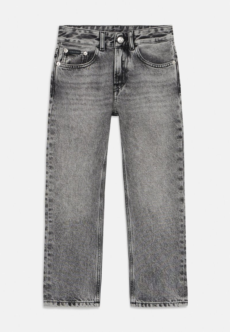 Grå denimbyxor med rak passform, femfickorsdesign och knäppning. Har urvuxna och slitna mönster överallt.
