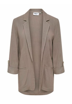 Blazer marron clair à ouverture frontale, manches 3/4 retroussées, deux poches frontales et col à revers cranté, étiqueté ONLY.