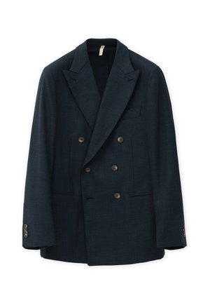 Blazer de marina de corte cruzado en tejido texturizado, con solapas de muesca, cuatro botones marrones y dos bolsillos laterales, ajuste entallado.