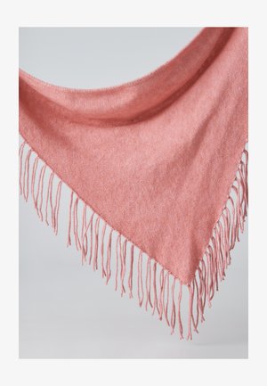 Triangle-shaped scarf in soft coral fabric, featuring fringed edges and a smooth texture. Lightweight design suitable for layering.