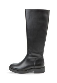 Stivale nero al ginocchio realizzato in pelle liscia, con punta arrotondata e suola piatta in gomma. Caratterizzato da un design minimalista e senza hardware visibile.