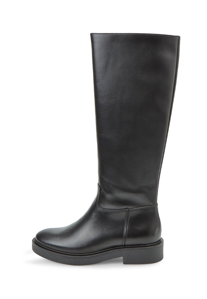 Stivale nero al ginocchio realizzato in pelle liscia, con punta arrotondata e suola piatta in gomma. Caratterizzato da un design minimalista e senza hardware visibile.